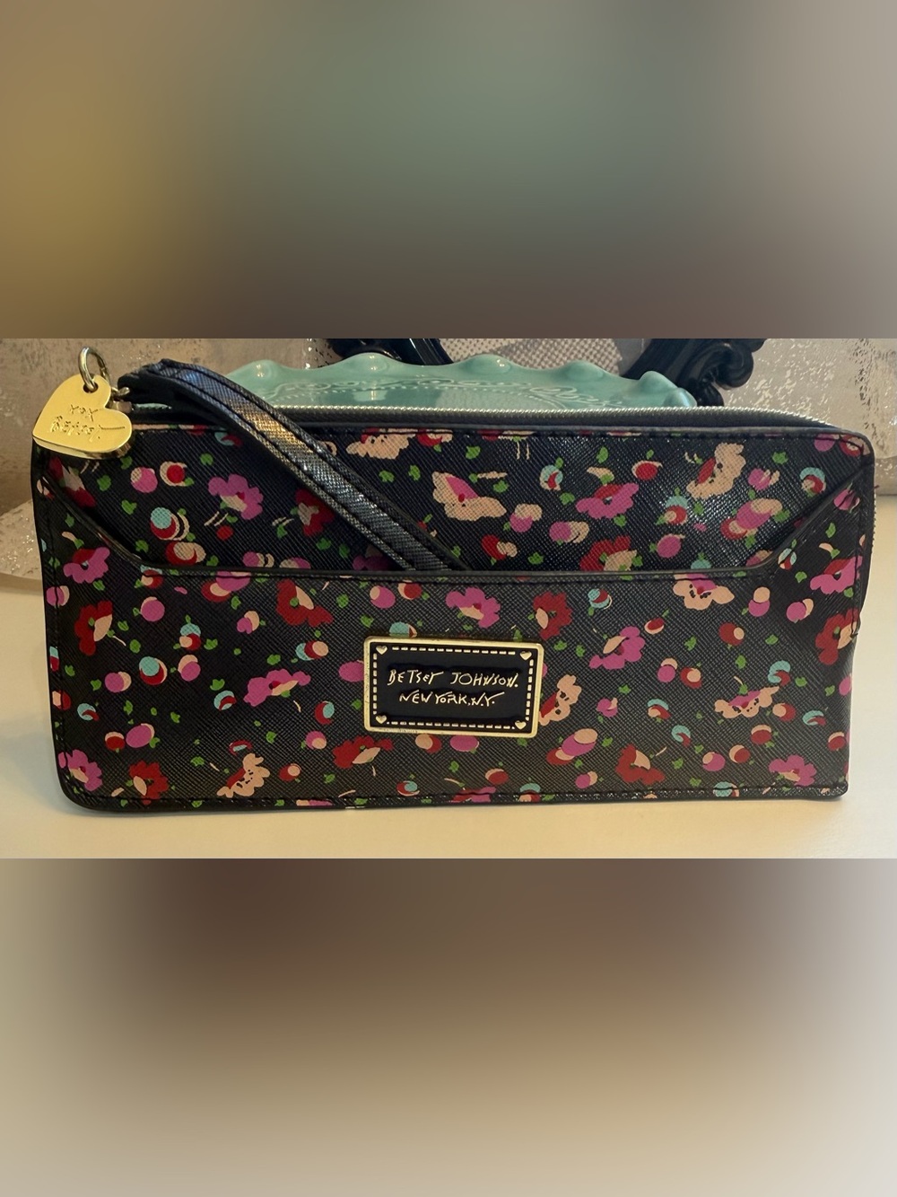 Betsey Johnson Choose Kindness Black Floral Wristlet